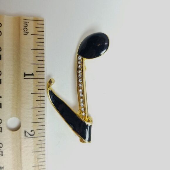 Vintage Eigth Note Shape Brooch, Black Enamel Rhinstone Gold Tone Setting Pin - Picture 5 of 6